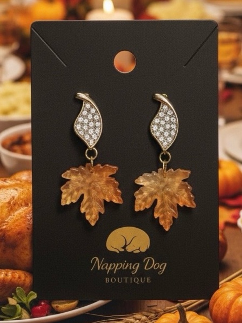 Glass Maple Leaf Dangle Earrings – Gold-Tone Crystal Accent Earrings